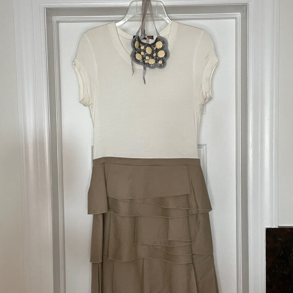 BCBGMaxAzria Cream and Brown Layered Midi Skirt